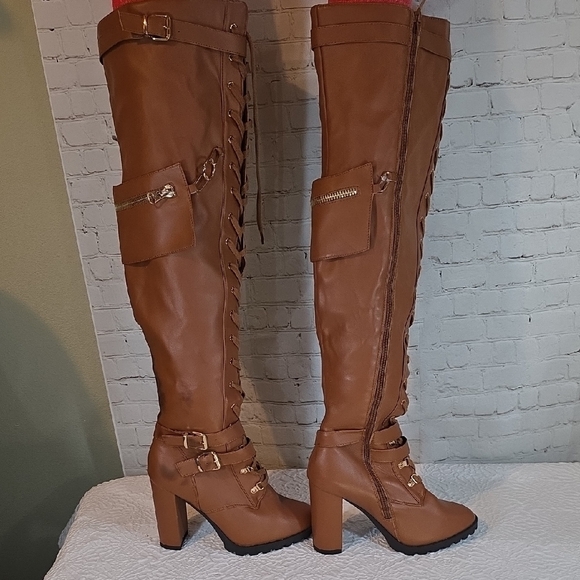 ShoeDazzle Elira Thigh High Corset Boots with Utility Pocket – Tan/Cognac Size 9
